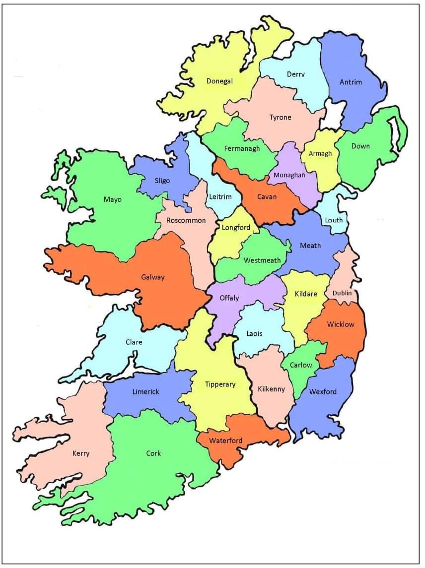 carte des 32 comtés de l'irlande