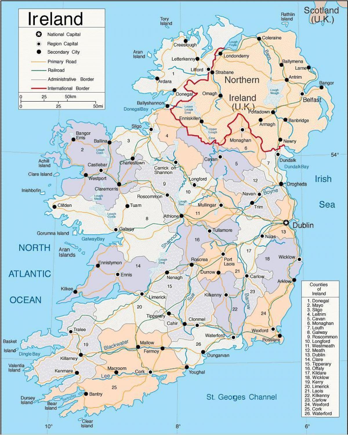 carte de l'irlande, montrant les villes