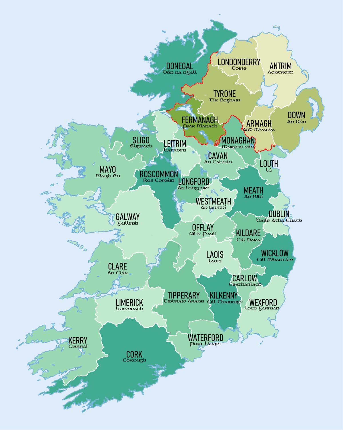 carte du sud de l'irlande montrant les comtés de