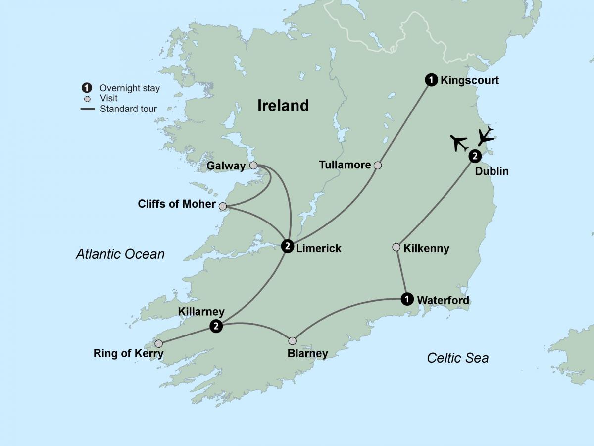carte de la carte touristique du sud de l'irlande