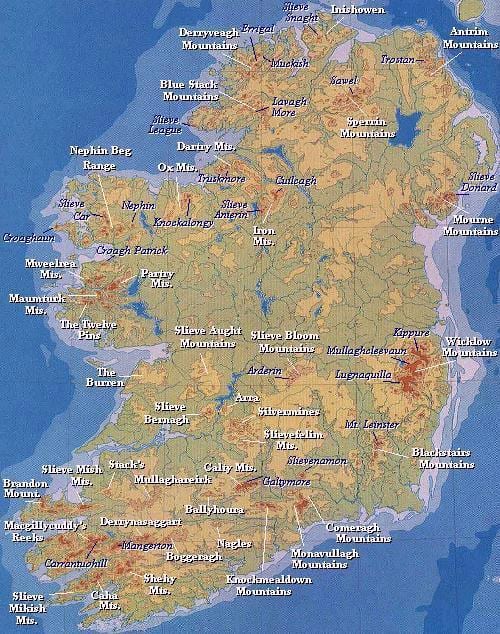carte de l'irlande, montagnes 
