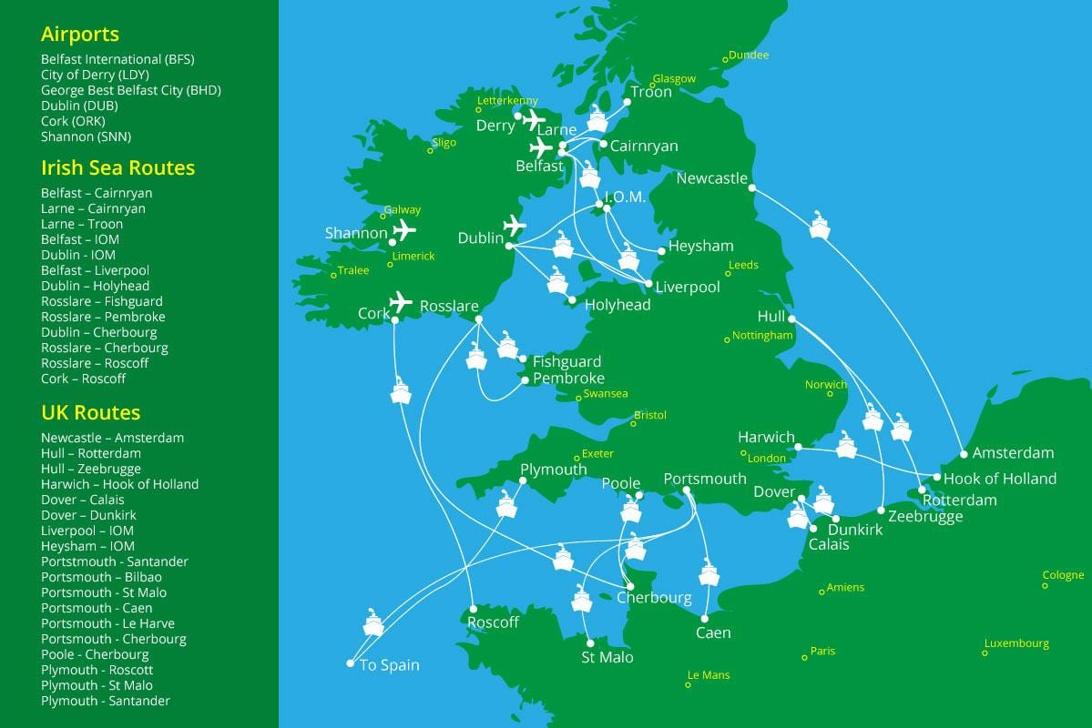 carte des traversées en ferry vers l'irlande