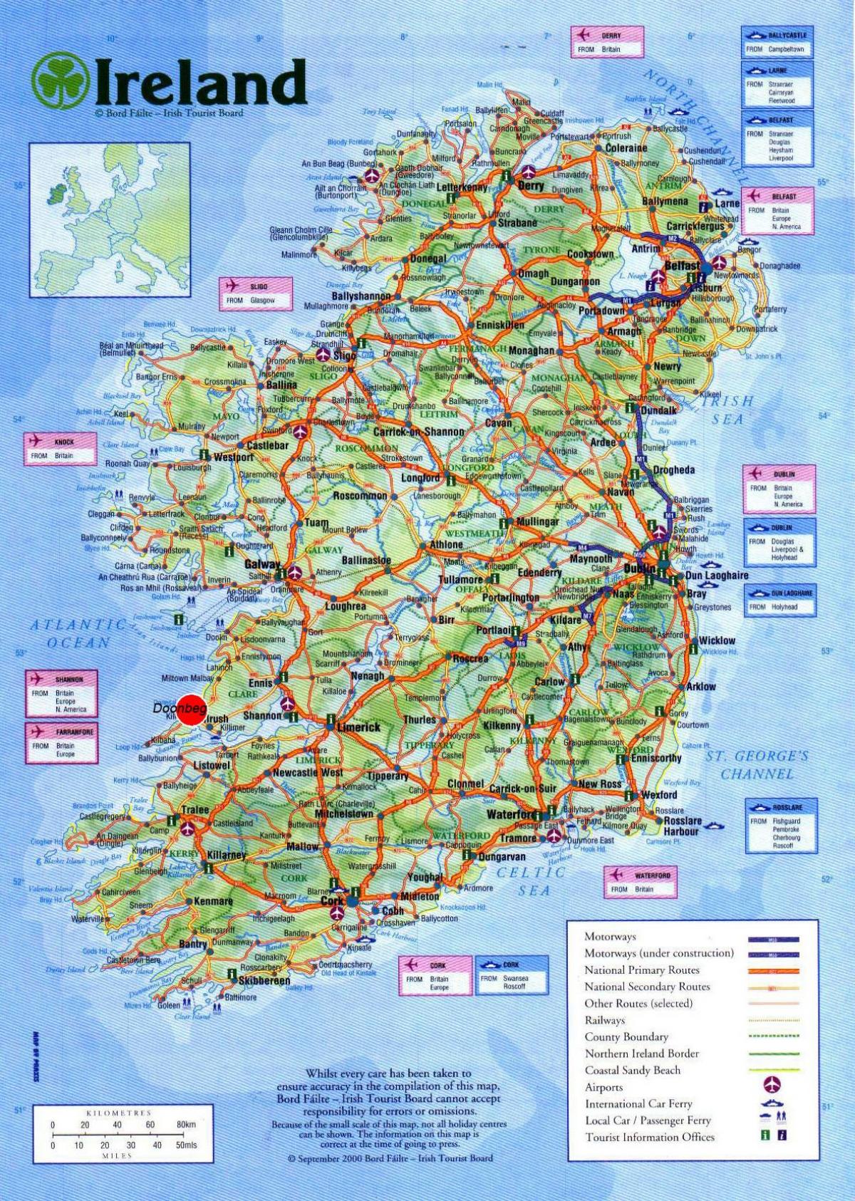 carte de l'irlande, montrant les attractions touristiques