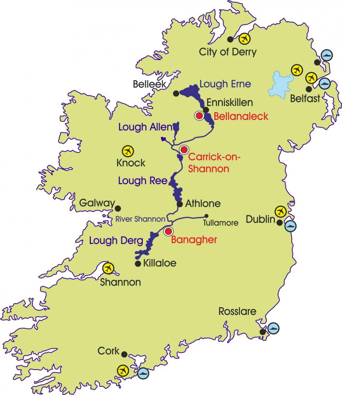 carte de l'irlande, des rivières et des montagnes