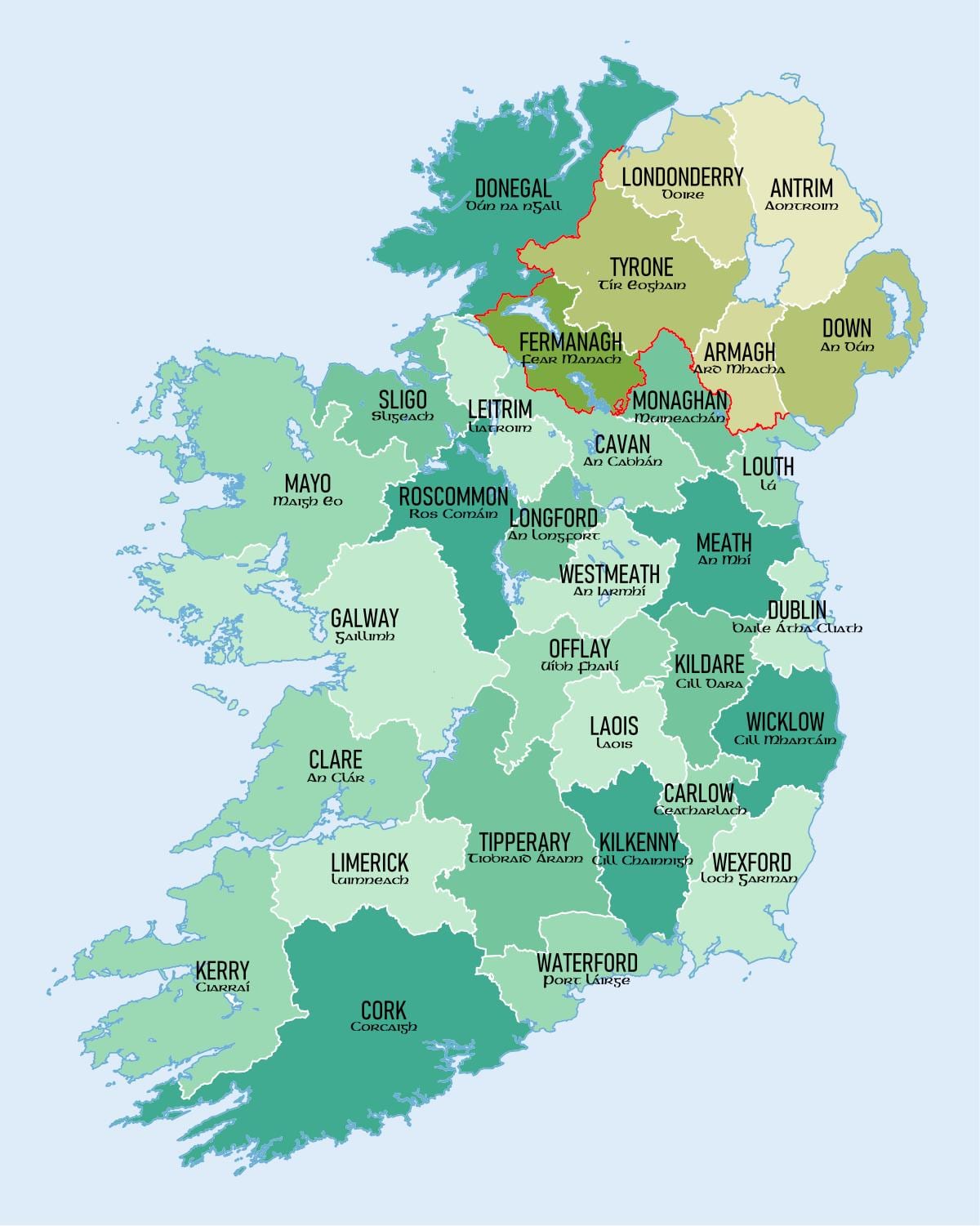 carte de la république d'irlande montrant les comtés de